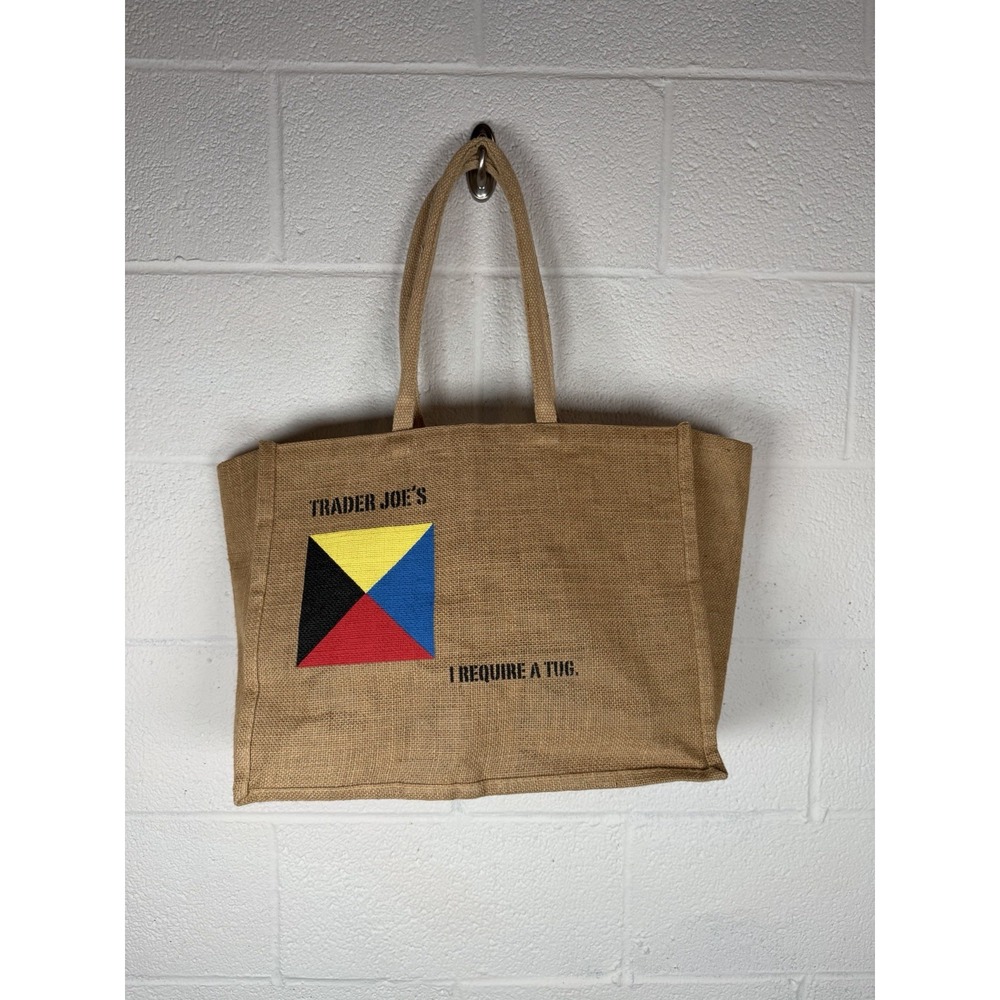 Trader Joe's Jute Burlap Reusable Tote Bag "I Require a Tug" Grocery Market